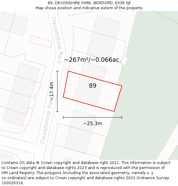 89, DEVONSHIRE PARK, BIDEFORD, EX39 5JF: Plot and title map