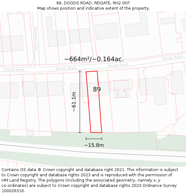 89, DOODS ROAD, REIGATE, RH2 0NT: Plot and title map