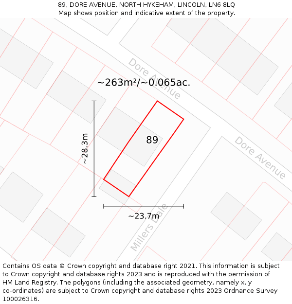 89, DORE AVENUE, NORTH HYKEHAM, LINCOLN, LN6 8LQ: Plot and title map