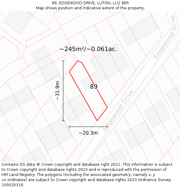 89, EDGEWOOD DRIVE, LUTON, LU2 8ER: Plot and title map