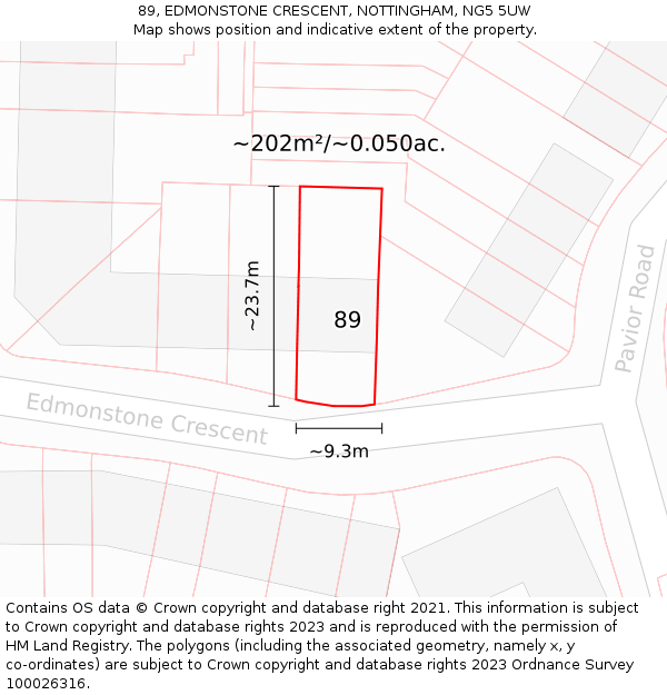 89, EDMONSTONE CRESCENT, NOTTINGHAM, NG5 5UW: Plot and title map