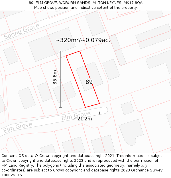 89, ELM GROVE, WOBURN SANDS, MILTON KEYNES, MK17 8QA: Plot and title map