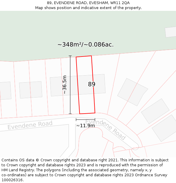 89, EVENDENE ROAD, EVESHAM, WR11 2QA: Plot and title map