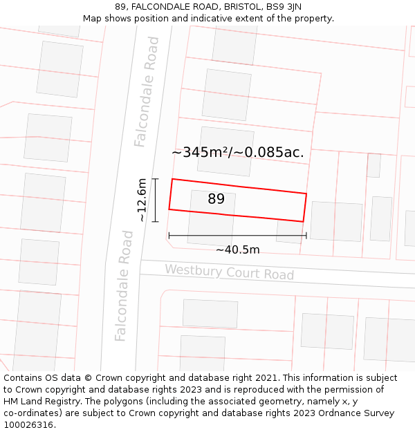 89, FALCONDALE ROAD, BRISTOL, BS9 3JN: Plot and title map