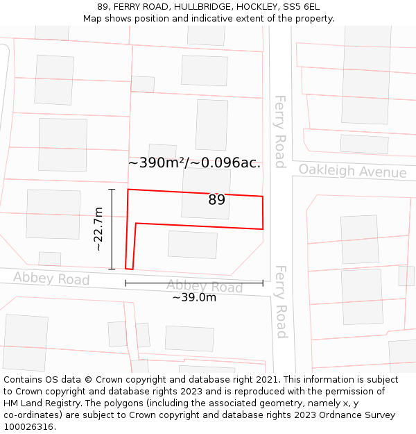 89, FERRY ROAD, HULLBRIDGE, HOCKLEY, SS5 6EL: Plot and title map