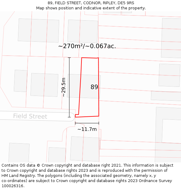 89, FIELD STREET, CODNOR, RIPLEY, DE5 9RS: Plot and title map