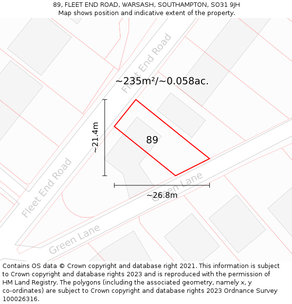 89, FLEET END ROAD, WARSASH, SOUTHAMPTON, SO31 9JH: Plot and title map
