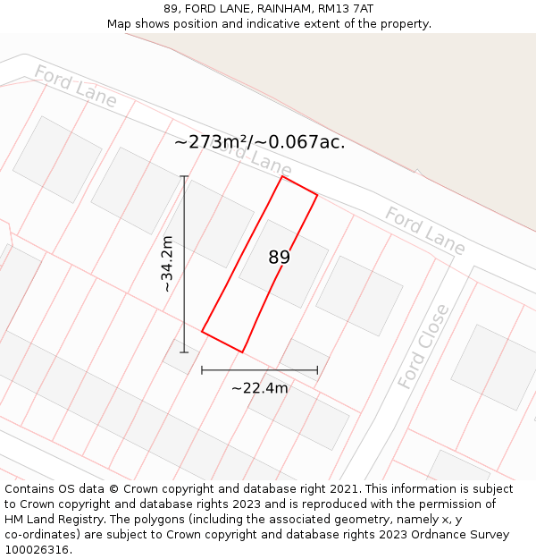 89, FORD LANE, RAINHAM, RM13 7AT: Plot and title map