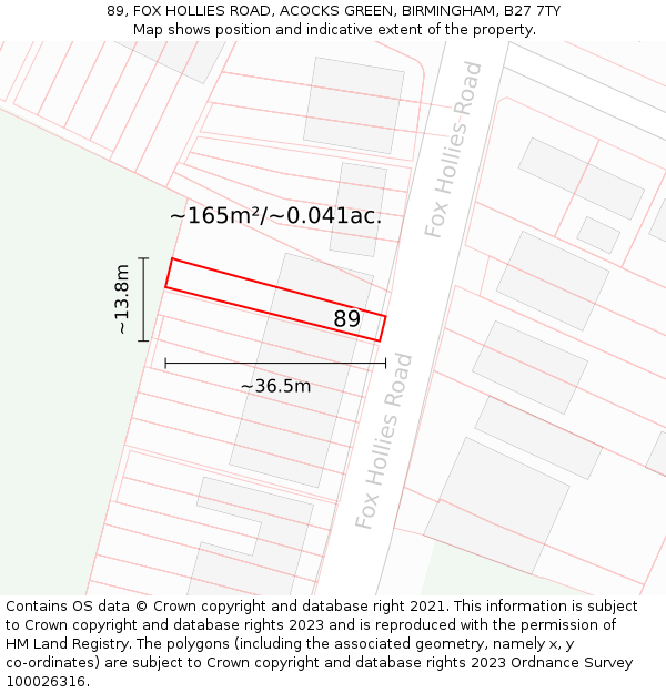 89, FOX HOLLIES ROAD, ACOCKS GREEN, BIRMINGHAM, B27 7TY: Plot and title map