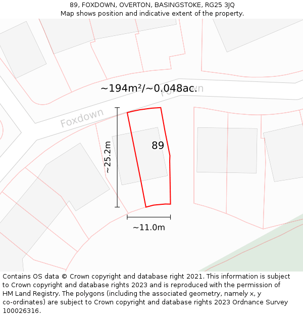 89, FOXDOWN, OVERTON, BASINGSTOKE, RG25 3JQ: Plot and title map