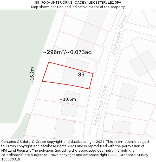 89, FOXHUNTER DRIVE, OADBY, LEICESTER, LE2 5FH: Plot and title map