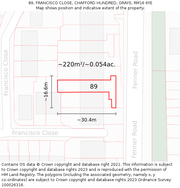 89, FRANCISCO CLOSE, CHAFFORD HUNDRED, GRAYS, RM16 6YE: Plot and title map