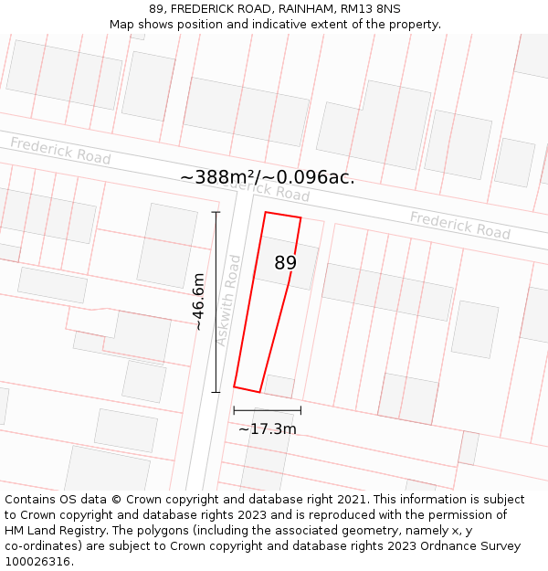 89, FREDERICK ROAD, RAINHAM, RM13 8NS: Plot and title map