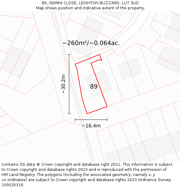 89, GEMINI CLOSE, LEIGHTON BUZZARD, LU7 3UD: Plot and title map