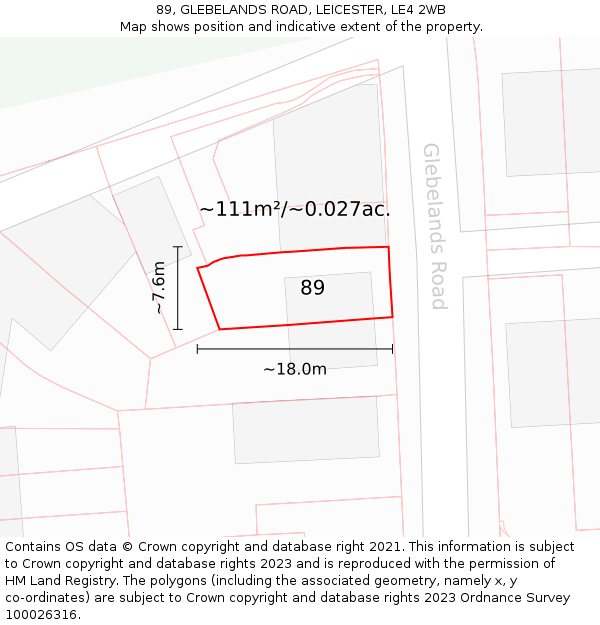 89, GLEBELANDS ROAD, LEICESTER, LE4 2WB: Plot and title map