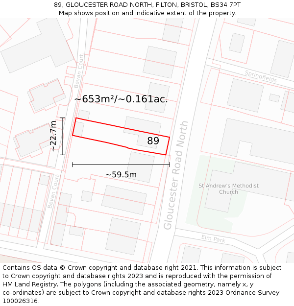 89, GLOUCESTER ROAD NORTH, FILTON, BRISTOL, BS34 7PT: Plot and title map
