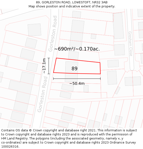 89, GORLESTON ROAD, LOWESTOFT, NR32 3AB: Plot and title map