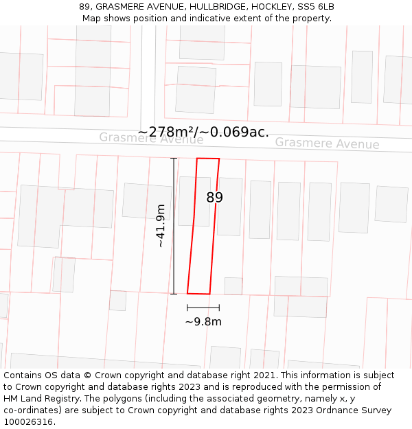 89, GRASMERE AVENUE, HULLBRIDGE, HOCKLEY, SS5 6LB: Plot and title map
