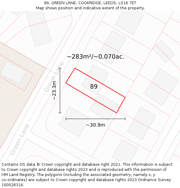 89, GREEN LANE, COOKRIDGE, LEEDS, LS16 7ET: Plot and title map