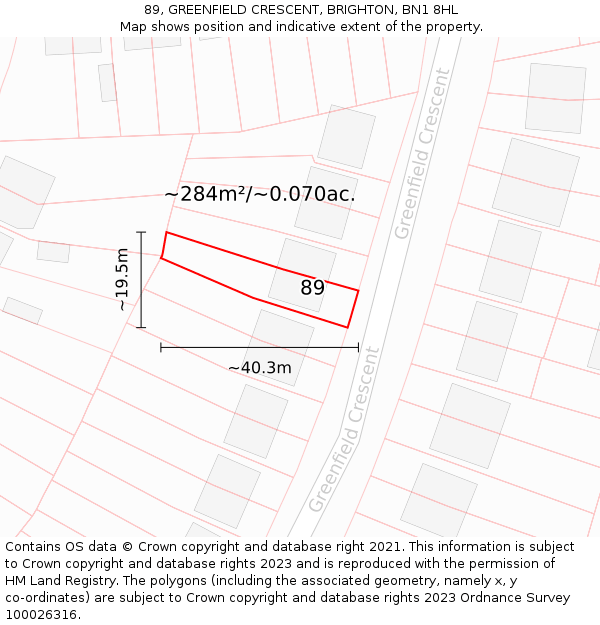 89, GREENFIELD CRESCENT, BRIGHTON, BN1 8HL: Plot and title map