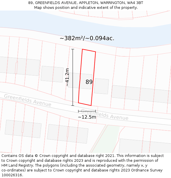 89, GREENFIELDS AVENUE, APPLETON, WARRINGTON, WA4 3BT: Plot and title map