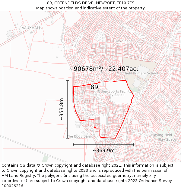 89, GREENFIELDS DRIVE, NEWPORT, TF10 7FS: Plot and title map