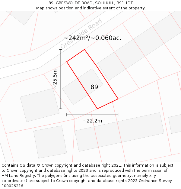 89, GRESWOLDE ROAD, SOLIHULL, B91 1DT: Plot and title map