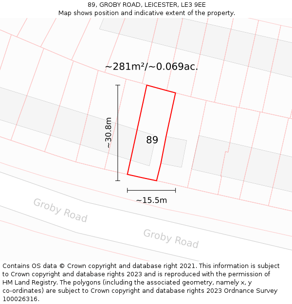 89, GROBY ROAD, LEICESTER, LE3 9EE: Plot and title map