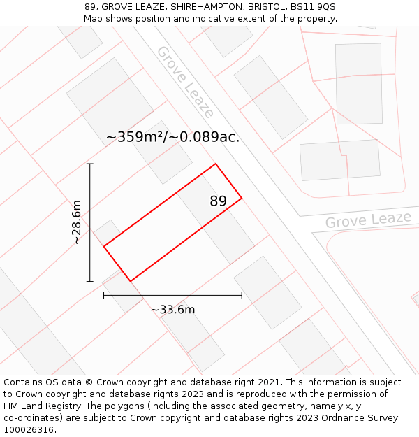89, GROVE LEAZE, SHIREHAMPTON, BRISTOL, BS11 9QS: Plot and title map