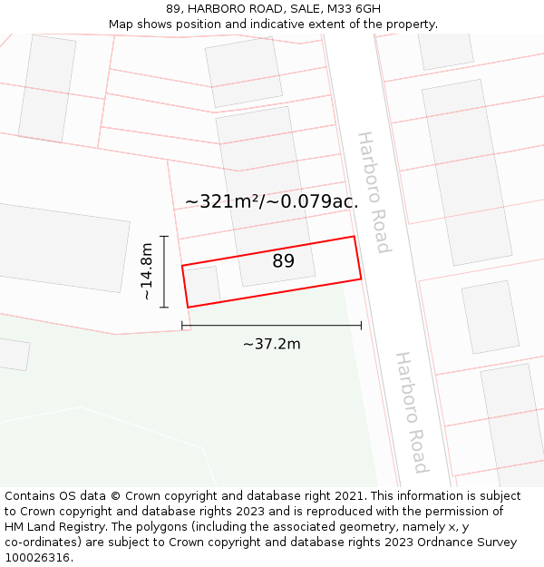 89, HARBORO ROAD, SALE, M33 6GH: Plot and title map