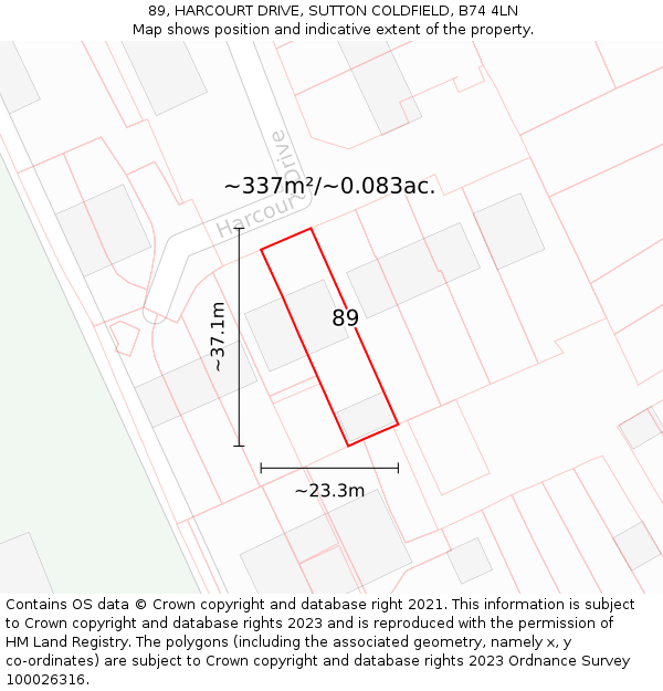 89, HARCOURT DRIVE, SUTTON COLDFIELD, B74 4LN: Plot and title map