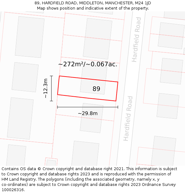 89, HARDFIELD ROAD, MIDDLETON, MANCHESTER, M24 1JD: Plot and title map