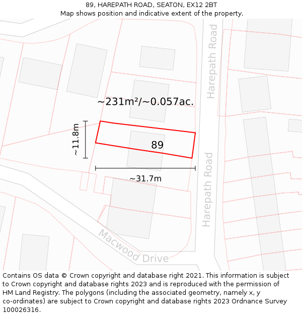 89, HAREPATH ROAD, SEATON, EX12 2BT: Plot and title map