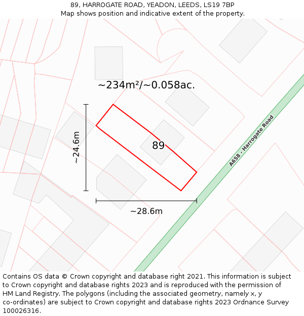 89, HARROGATE ROAD, YEADON, LEEDS, LS19 7BP: Plot and title map
