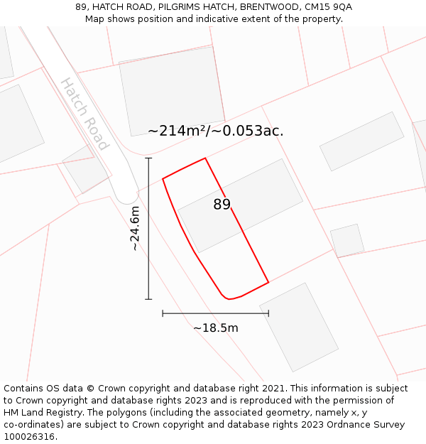 89, HATCH ROAD, PILGRIMS HATCH, BRENTWOOD, CM15 9QA: Plot and title map