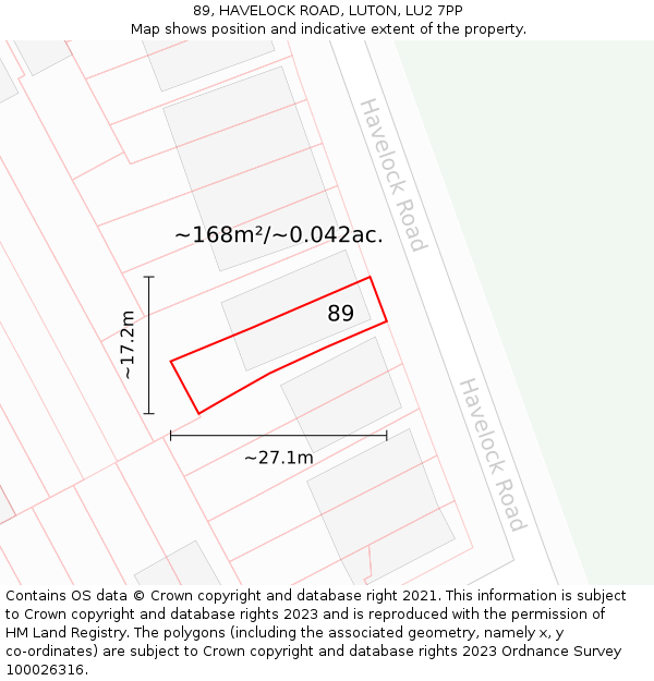 89, HAVELOCK ROAD, LUTON, LU2 7PP: Plot and title map