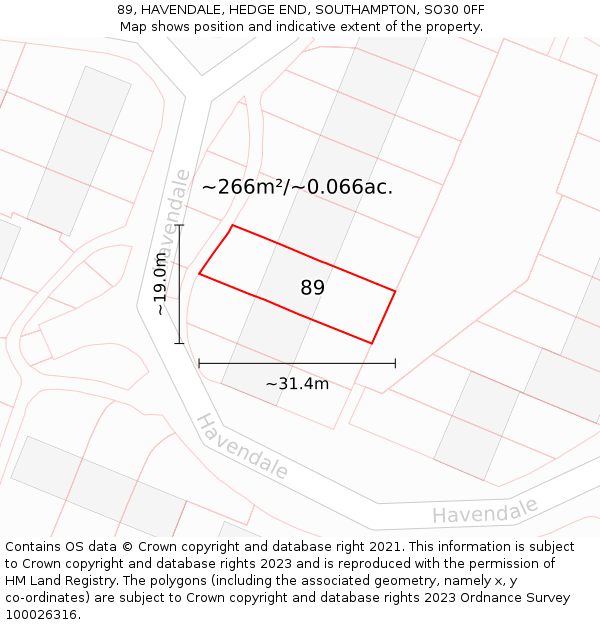 89, HAVENDALE, HEDGE END, SOUTHAMPTON, SO30 0FF: Plot and title map