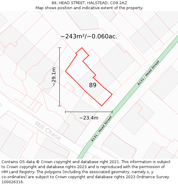 89, HEAD STREET, HALSTEAD, CO9 2AZ: Plot and title map
