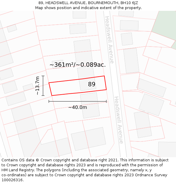 89, HEADSWELL AVENUE, BOURNEMOUTH, BH10 6JZ: Plot and title map