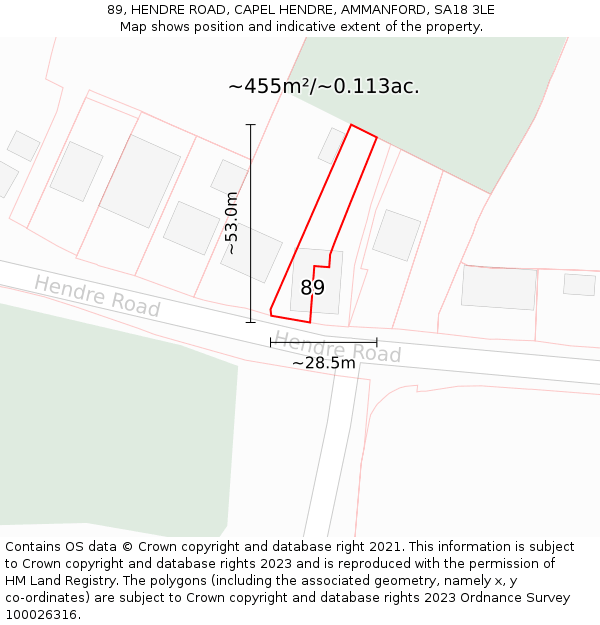89, HENDRE ROAD, CAPEL HENDRE, AMMANFORD, SA18 3LE: Plot and title map
