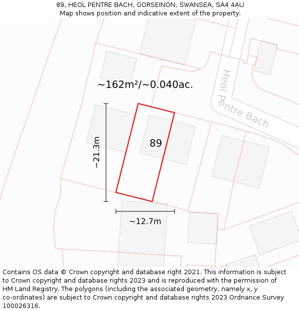 89, HEOL PENTRE BACH, GORSEINON, SWANSEA, SA4 4AU: Plot and title map