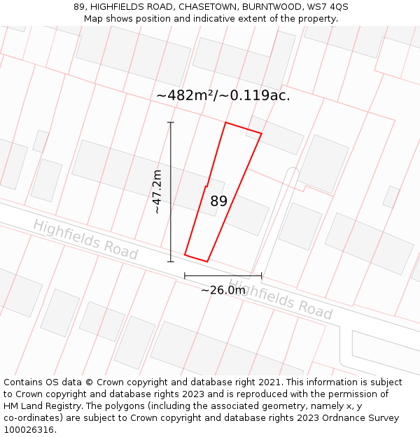 89, HIGHFIELDS ROAD, CHASETOWN, BURNTWOOD, WS7 4QS: Plot and title map
