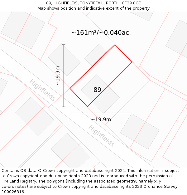 89, HIGHFIELDS, TONYREFAIL, PORTH, CF39 8GB: Plot and title map