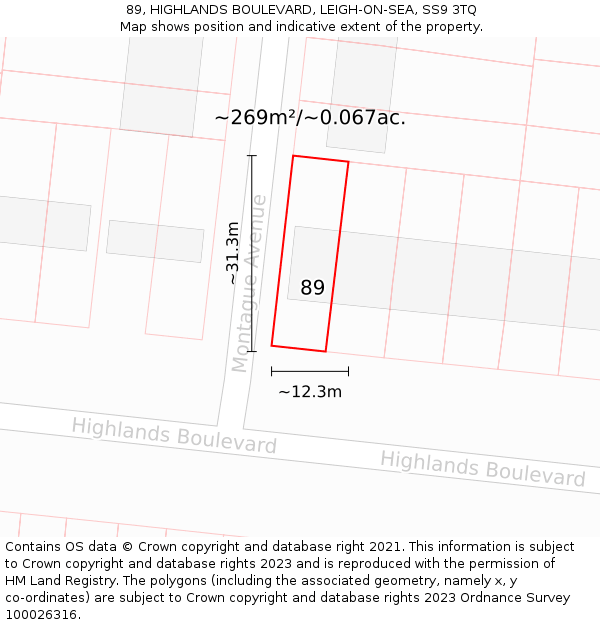 89, HIGHLANDS BOULEVARD, LEIGH-ON-SEA, SS9 3TQ: Plot and title map