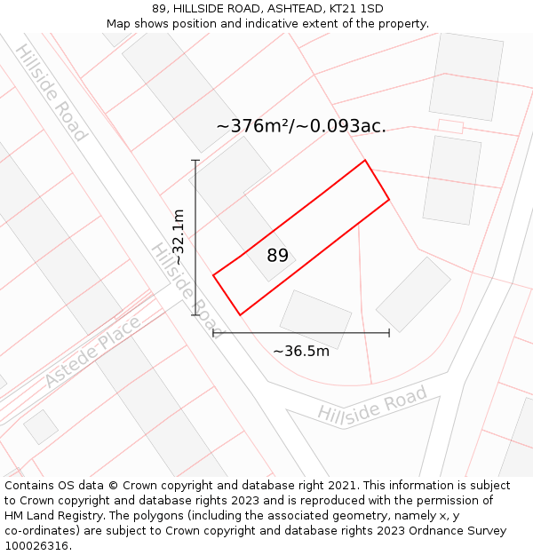 89, HILLSIDE ROAD, ASHTEAD, KT21 1SD: Plot and title map