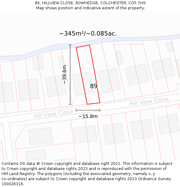 89, HILLVIEW CLOSE, ROWHEDGE, COLCHESTER, CO5 7HS: Plot and title map