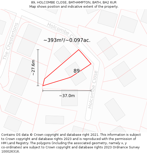89, HOLCOMBE CLOSE, BATHAMPTON, BATH, BA2 6UR: Plot and title map