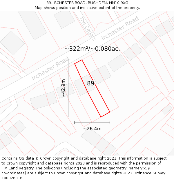 89, IRCHESTER ROAD, RUSHDEN, NN10 9XG: Plot and title map