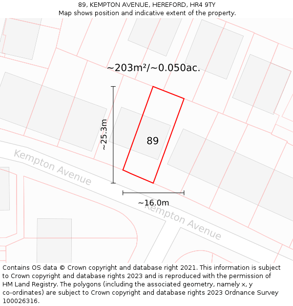 89, KEMPTON AVENUE, HEREFORD, HR4 9TY: Plot and title map