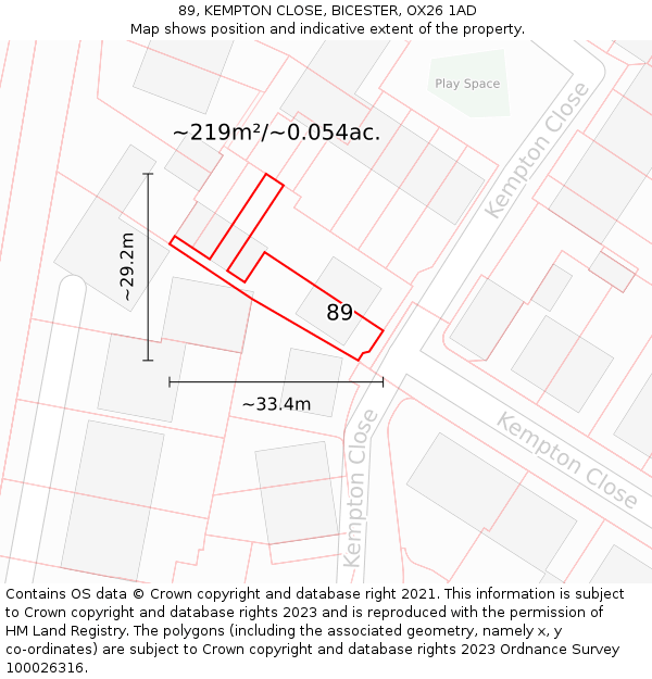 89, KEMPTON CLOSE, BICESTER, OX26 1AD: Plot and title map